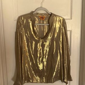 Tory Burch Gold Silk Metallic Tunic Top